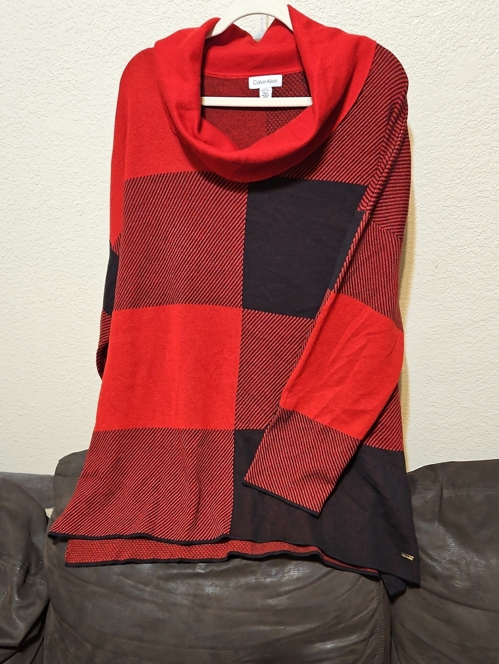 Calvin Klein Red and Black Buffalo-Check Cowl Neck Sweater